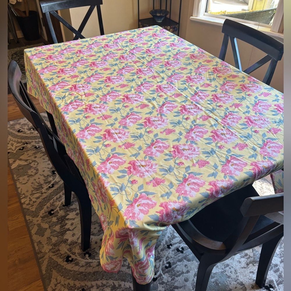 Laura Ashley Tablecloth 60x82 Peonies Fowers Yellow Pink Stain/Spill Resistant